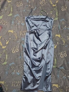 Windsor Steel Gray Satin Midi Dress with Side Slit